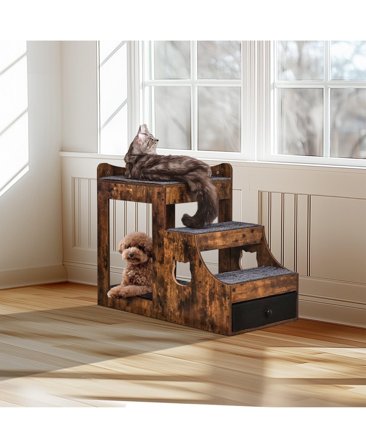 Cozito Pet Bunk Bed & Window Perch with Removable Stairs, Rustic Brown