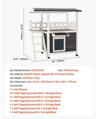 30" 2-Story Wooden Outdoor Cat House with Balcony & Stairs