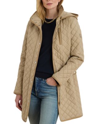 Womens Hooded Quilted Faux-Suede-Trim Coat