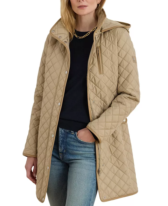 Womens Hooded Quilted Faux-Suede-Trim Coat