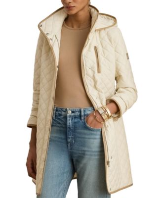 Womens Hooded Quilted Faux-Suede-Trim Coat