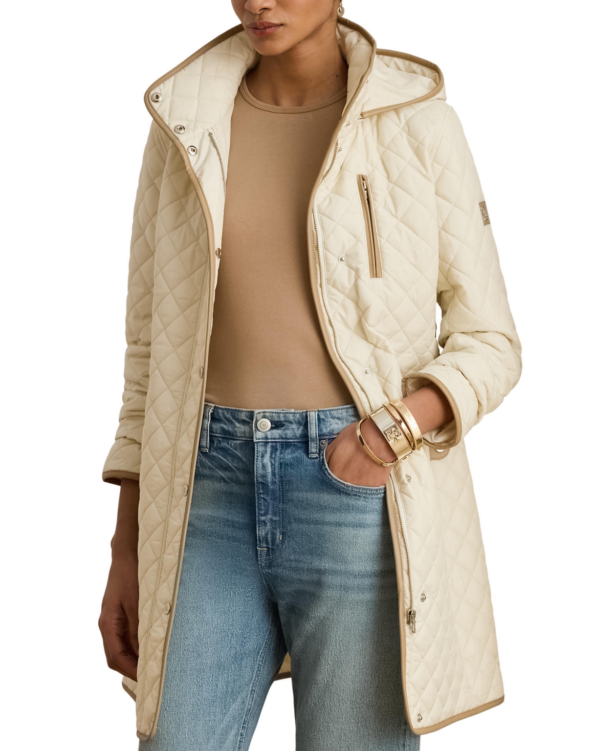 Lauren Ralph Lauren Womens Hooded Quilted Faux-Suede-Trim Coat - Moda cream