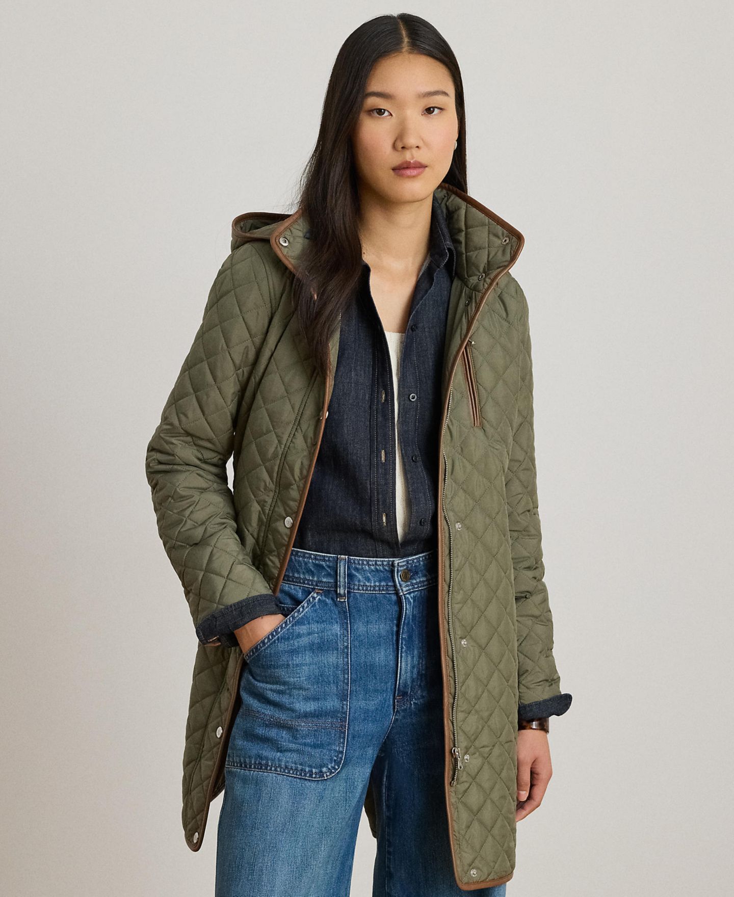 Женское пальто Lauren Ralph Lauren Hooded Quilted Faux-Suede-Trim, цвет: Зелёный чайный — фото 1