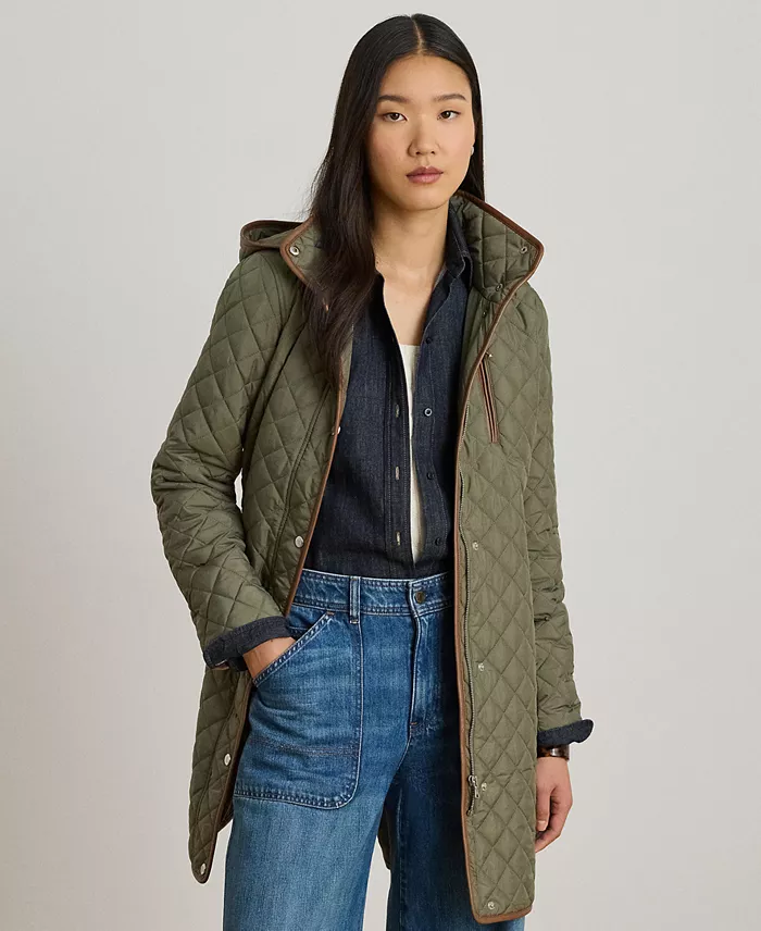 Womens Hooded Quilted Faux-Suede-Trim Coat