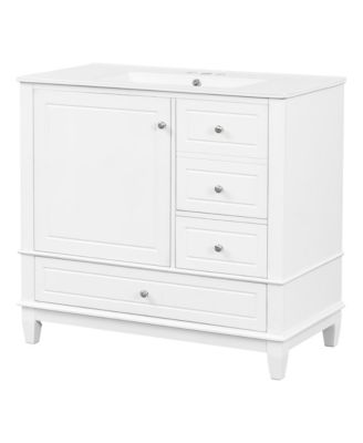 36 in. Freestanding Bathroom Vanity Cabinet with Ceramic Sink, MDF and Solid Wood Base, 3 Drawers and Shelves, 4 in. Faucet Holes