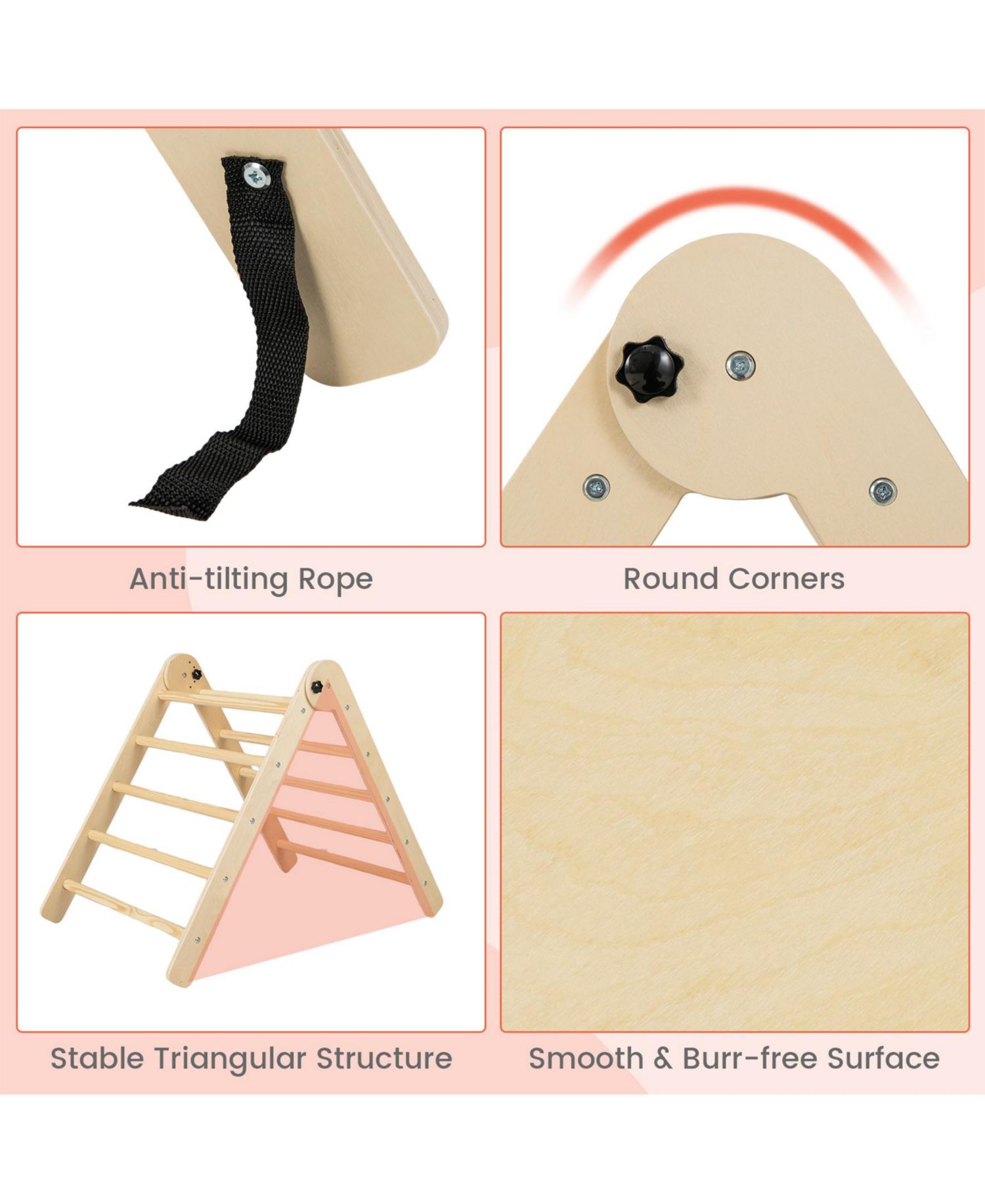 3-in-1 Climbing Set Foldable and Adjustable Kids Triangle Set-Natural