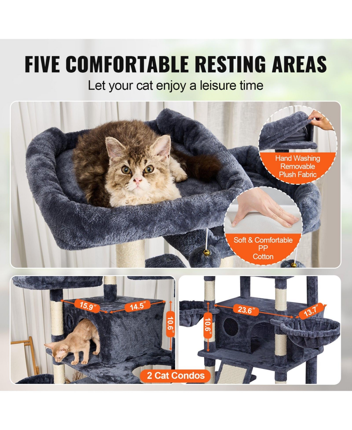 Cozito 68.5" Multi-Level Cat Tree with Ramp & 2 Condos, Dark Gray