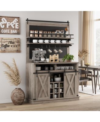 75 Inch Farmhouse Coffee Bar Cabinet with Sliding Barn Doors, Storage Buffet Sideboard with Adjustable Shelves