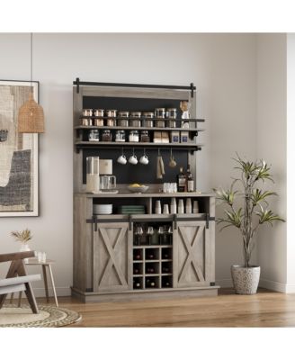 75 Inch Farmhouse Coffee Bar Cabinet with Sliding Barn Doors, Storage Buffet Sideboard with Adjustable Shelves