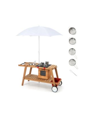 Wooden Play Cart with Sun Proof Umbrella for Toddlers Over 3 Years Old-Brown
