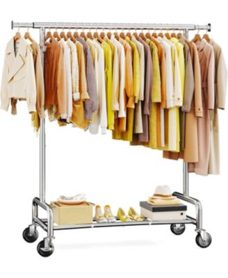 75" W Heavy Duty Clothes Rack Load 450 LBS, Metal Garment Storage with Shelf, Lockable Wheels & Anti-Slip Stoppers, Rolling Clothing Rack