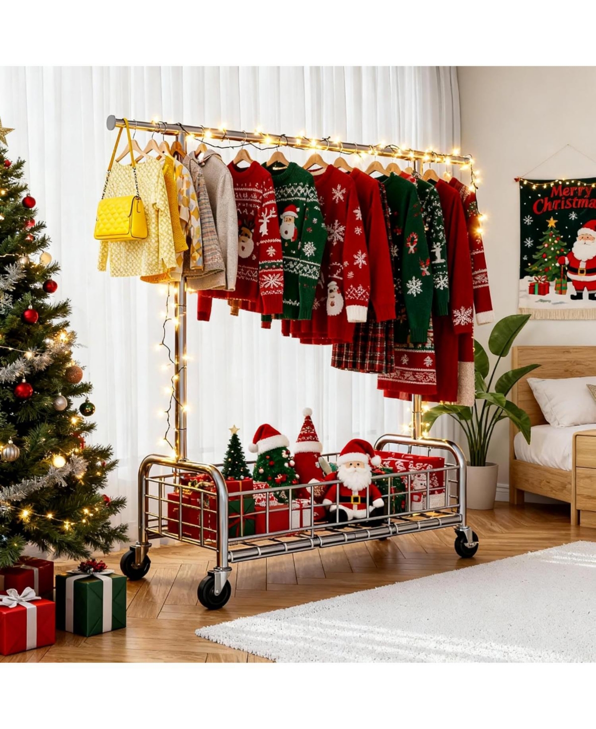 Raybee Rolling Clothing Rack with Storage Basket and Sturdy Wheels, Clothing Racks for Hanging Clothes, Wardrobe Closet Rack for Bedroom, Boutiques