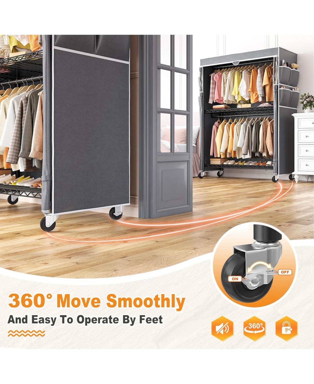 Raybee Clothes Rack with Cover, 81" H Clothing Racks for Hanging Clothes, Portable Closet with Wheels, Side Pockets and Adjustable Feets for Bedr