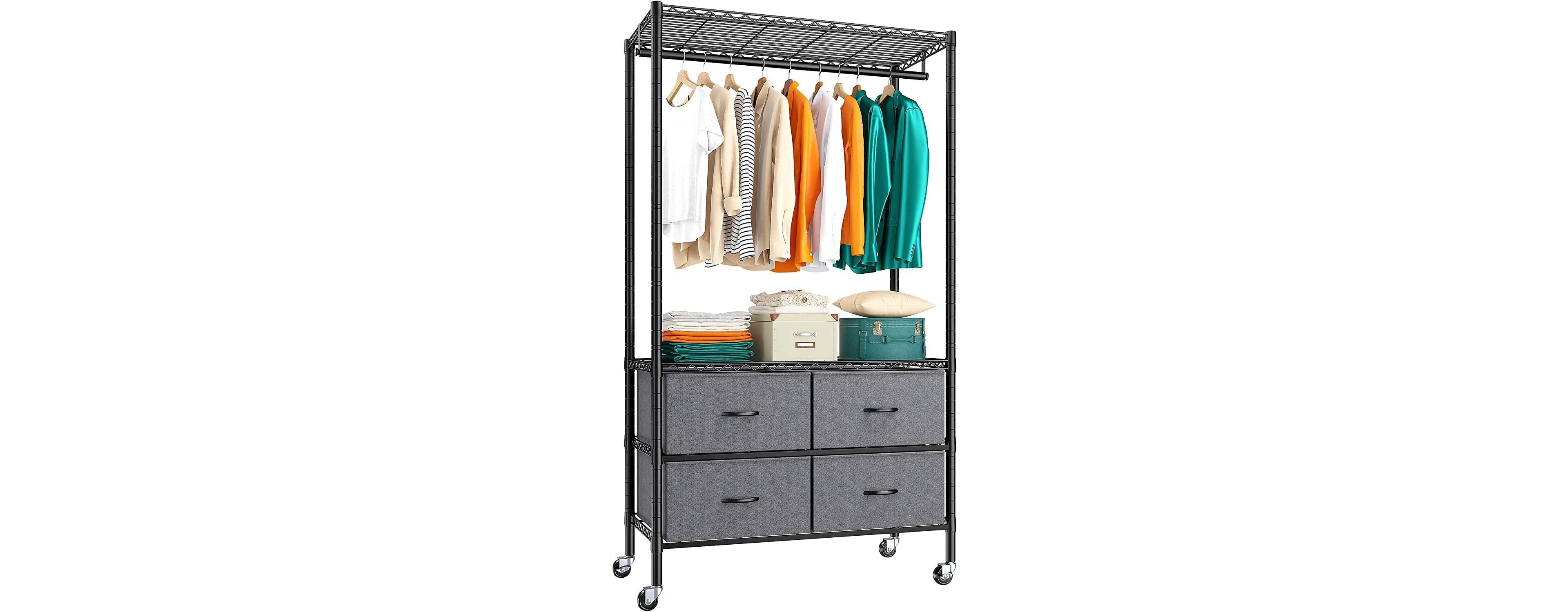 Raybee Rolling Clothes Rack for Hanging Clothes, Clothing Rack with 4 Fabric Drawers and Wheels
