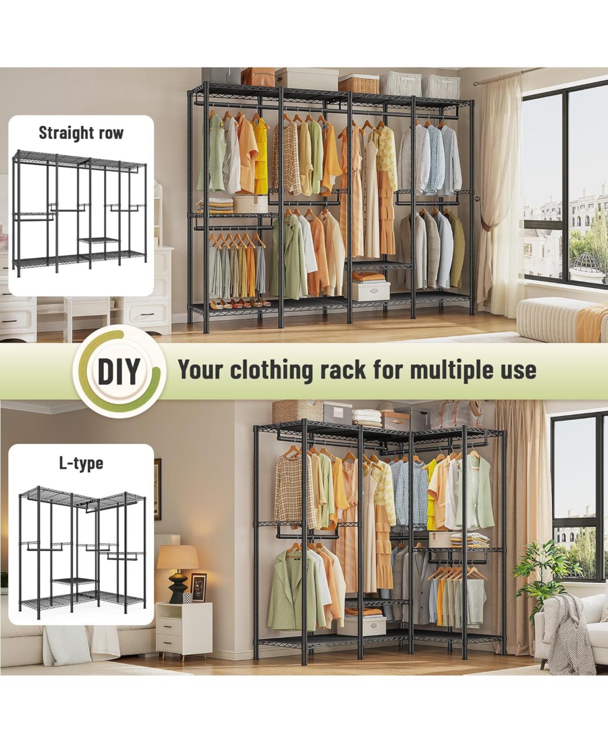 Raybee Adjustable Portable Clothes Rack with Shelves Closet Organizer