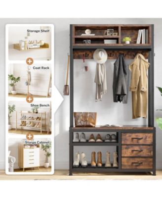 Hall Tree with Bench and Shoe Storage, Coat Rack Freestanding with 3 Fabric Drawers, Entryway Bench with Shoe Storage, Hall Tree with 12 Hooks