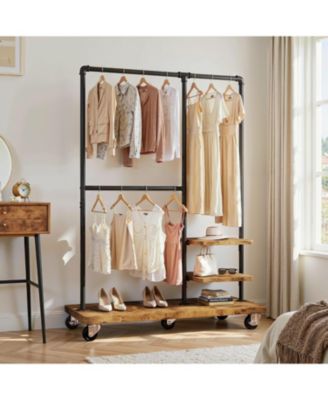 Clothes Rack, Heavy Duty Clothing Rack, Industrial Pipe Clothes Rack with Shelves, Rolling Garment Rack for Bedroom, Retail Store, Rustic