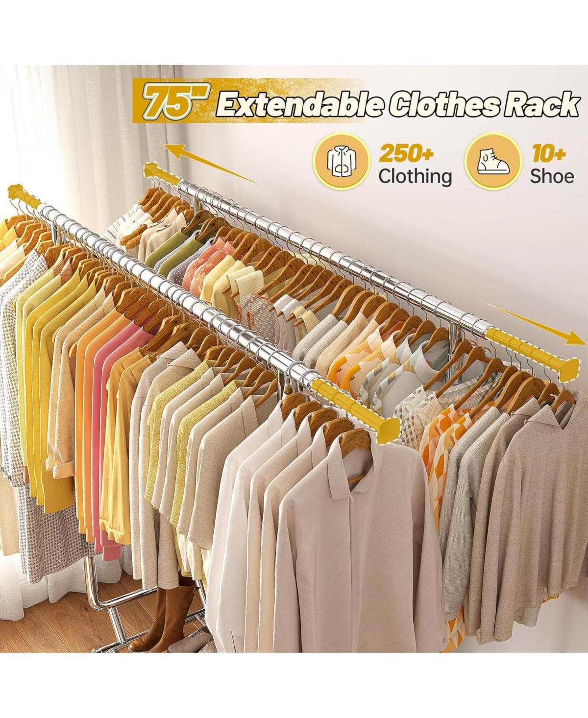 Raybee Clothes Rack Load 620 Lbs, Metal Garment Storage with Shelf & Sturdy Wheels, Rolling Clothing Rack