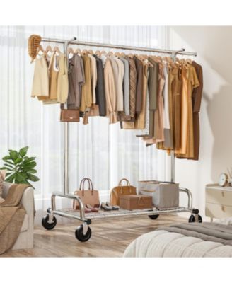 Heavy Duty Clothes Rack Load 485LBS, Metal Garment Storage with Mesh Shelf & Lockable Wheels, Rolling Clothing Rack
