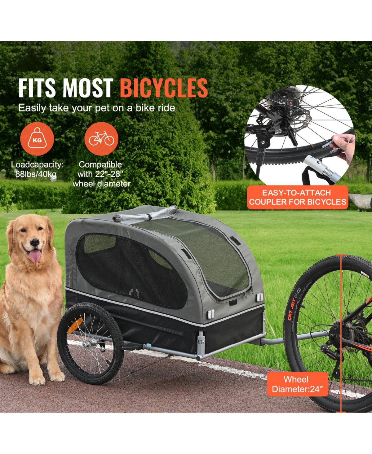 Cozito Foldable Pet Bike Trailer with Universal Coupler, Holds up to 88 lbs., Black & Gray