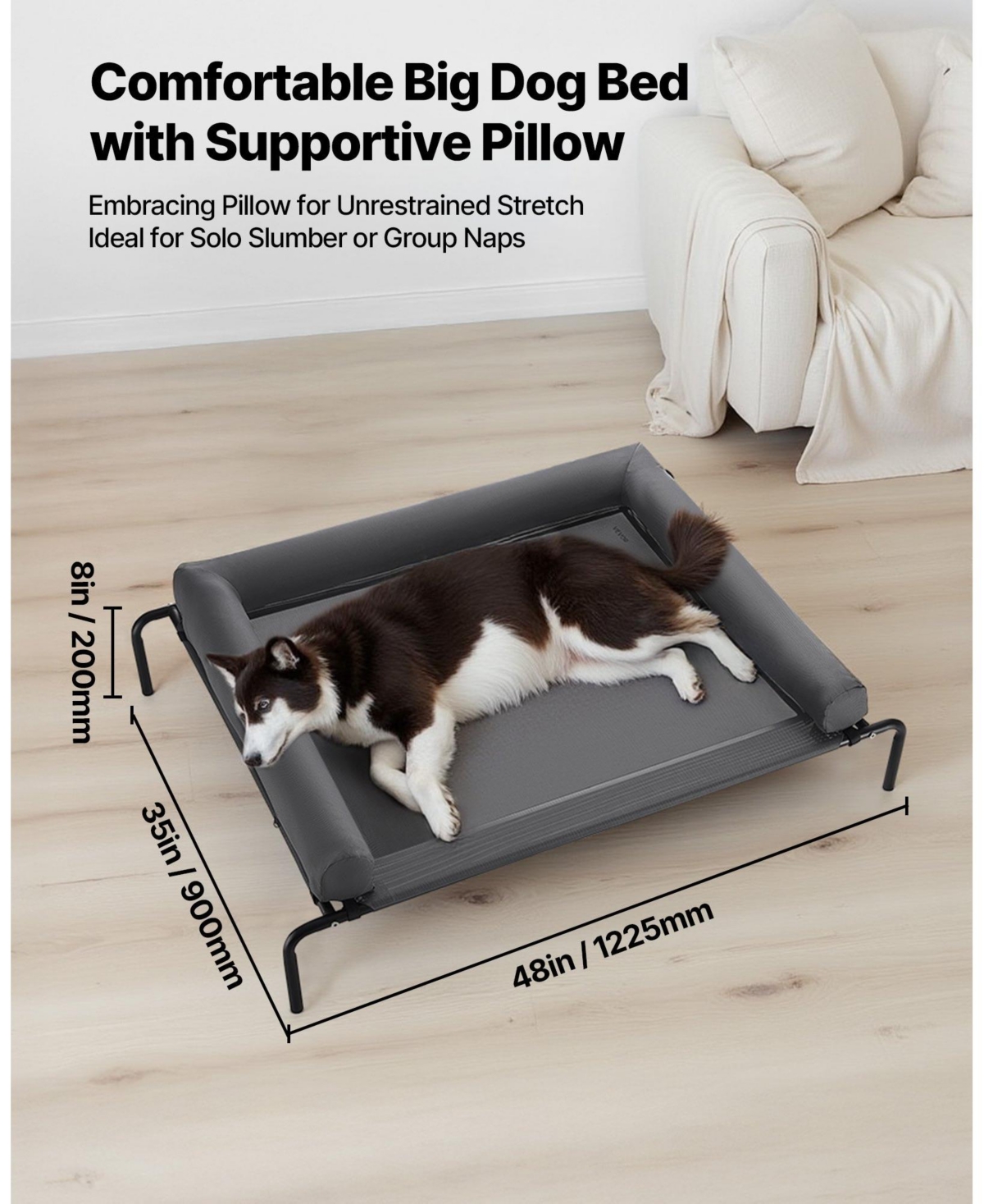 Cozito Steel Frame Portable Elevated Pet Cot with Washable Pillow, Xl, Gray