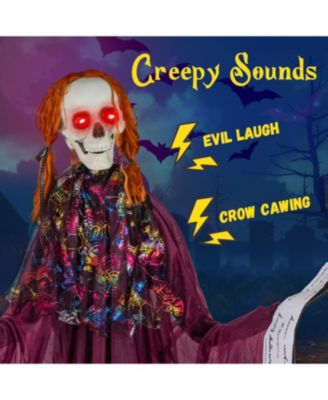 6 ft Halloween Animatronic Standing Girl Holding Book with Sound-Activated Light-up Eyes and Moving Arms & Head