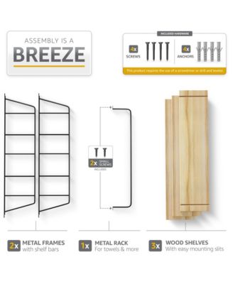 3-Tier Wooden Floating Shelves with Metal Brackets