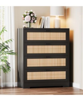 4-Drawer Modern Rattan Dresser, Tall Chest with Power Outlets, Metal Handles, Wood Organizer for Bedroom, Living Room, Hallway
