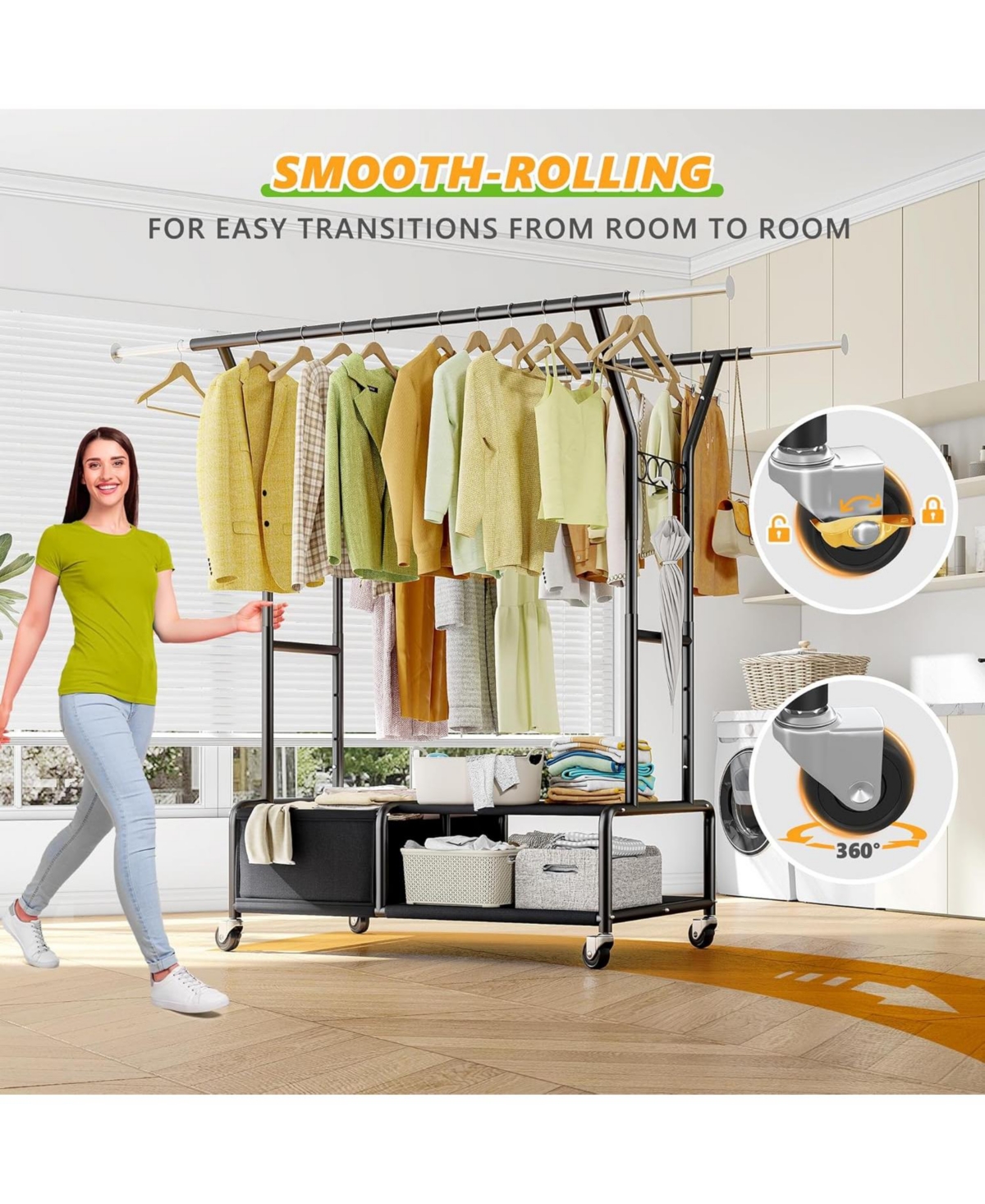 Raybee Clothes Racks for Hanging Clothes with Shelves 400LBS, Adjustable Clothing Rack with Lockable Wheels, Multi-Functional Closet Rack For Bedroom