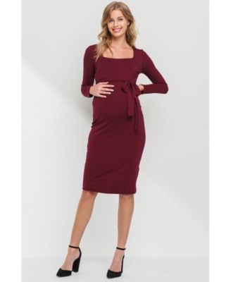 Maternity Tie Waist Square Neck Long Sleeve Dress