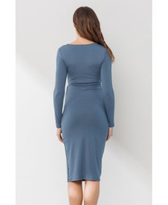 Maternity Tie Waist Square Neck Long Sleeve Dress