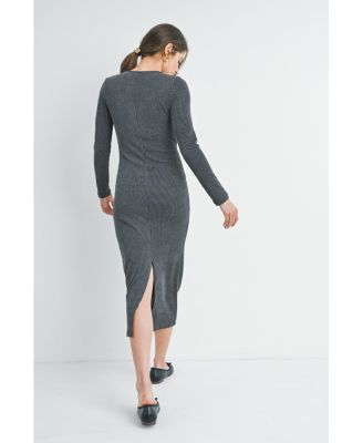 Maternity Sweatheart Long Sleeve Back Slit Ribbed Midi Dress