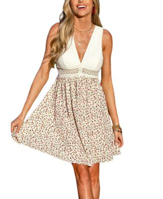 Women's Plunging V-Neck Sleeveless Woven Mini Dress with Lace Detail