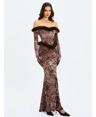 Women's Tessa Coffee Sweetheart Bardot Faux Fur Velvet Mermaid Maxi Dress