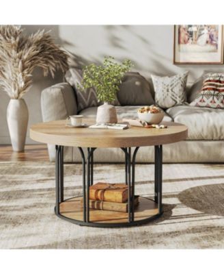 35.5-Inch Rustic Wood 2-Tier Round Coffee Table with Open Storage