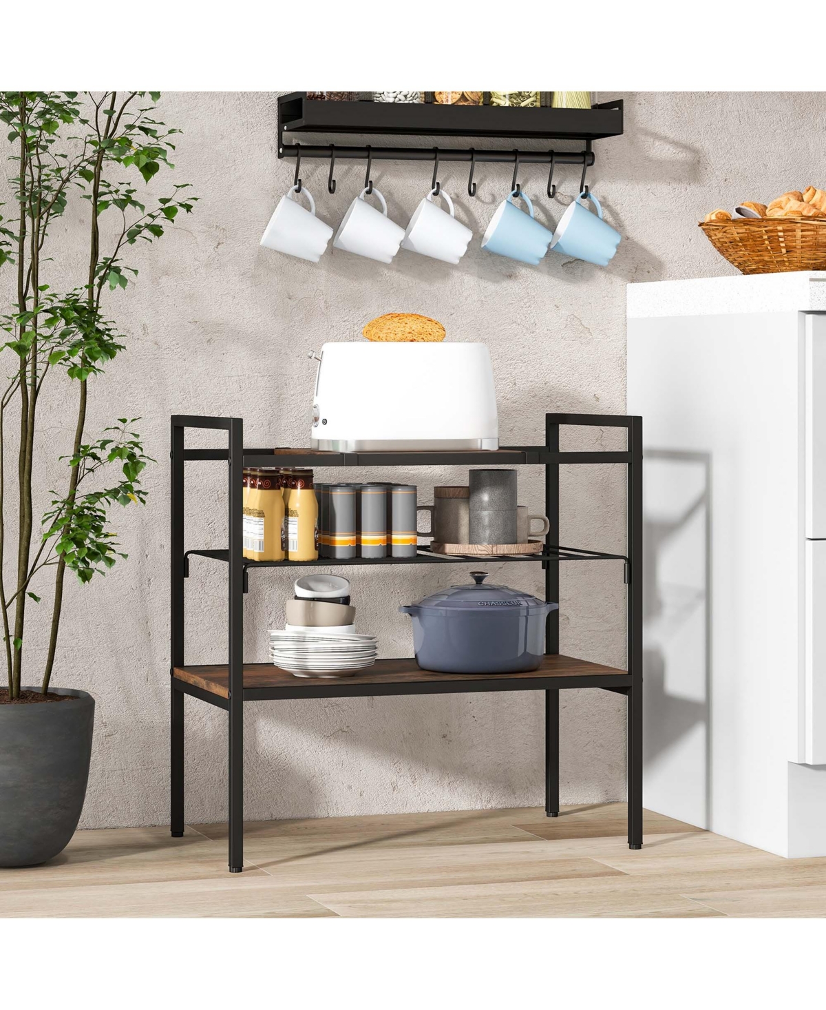 Industrial Entryway Table 3-Tier Sofa Side Table with Removable Panel & Mesh Shelf