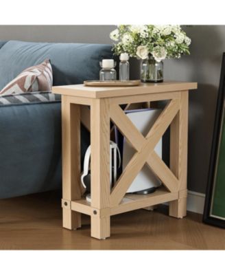 Farmhouse Side Table Set of 2, Narrow End Table for Space Saving, Bedside Furniture for Bedroom, Living Room, Small Spaces, Oak