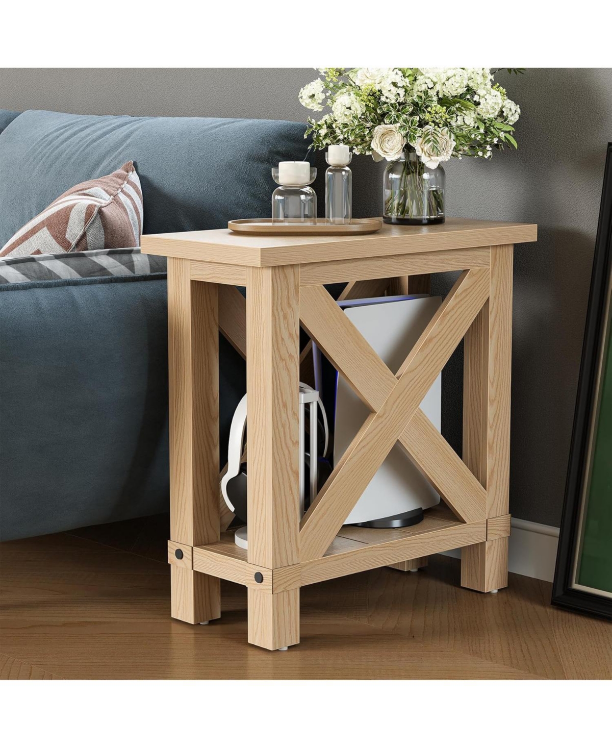 Tribesigns Farmhouse Side Table Set of 2, Narrow End Table for Space Saving, Bedside Furniture for Bedroom, Living Room, Small Spaces, Oak