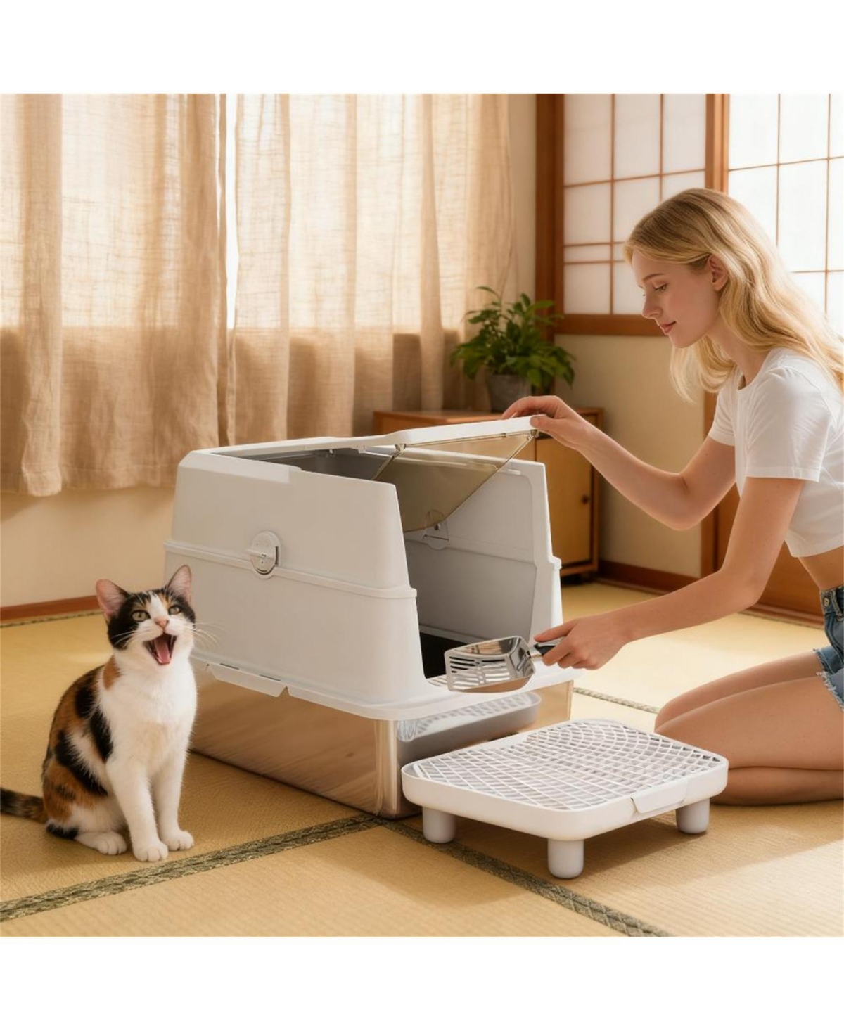 Aostirmotor Light Gray Stainless Steel Litter Box with Flip Cover: Spacious, Odor-Containing Design for Large Cats