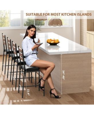 Wooden Bar Stools Set of 2, Faux Leather Upholstered Bar Chairs with Backrest, Footrest & Thick Cushion, Counter Height