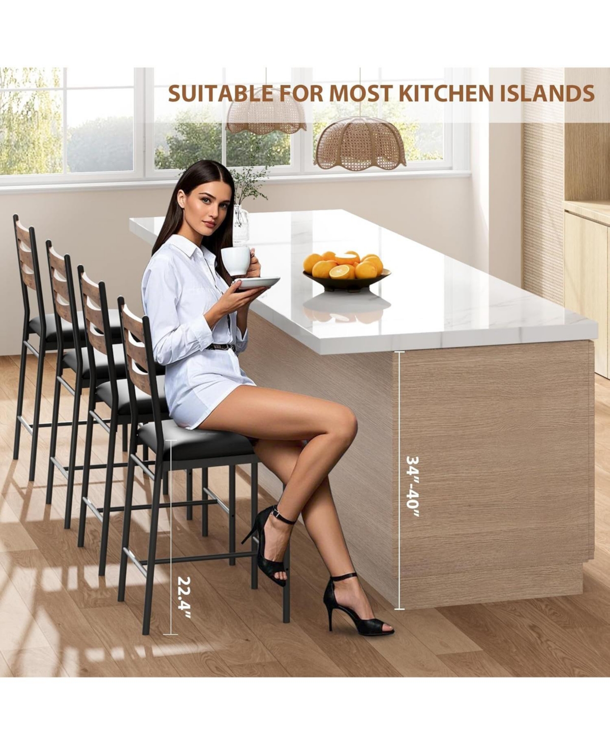 Gaomon Wooden Bar Stools Set of 2, Faux Leather Upholstered Bar Chairs with Backrest, Footrest & Thick Cushion, Counter Height