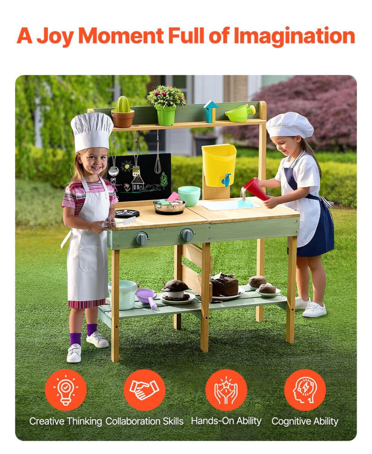 Sugift Outdoor Mud Kitchen with Planter Box, Blackboard & Faucet