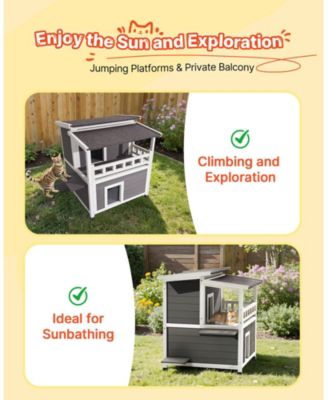 Insulated 2-Story Wooden Outdoor Cat House with Balcony, 33