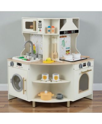 Wooden Toy Kitchen for Kids with Functional Faucet and Sink