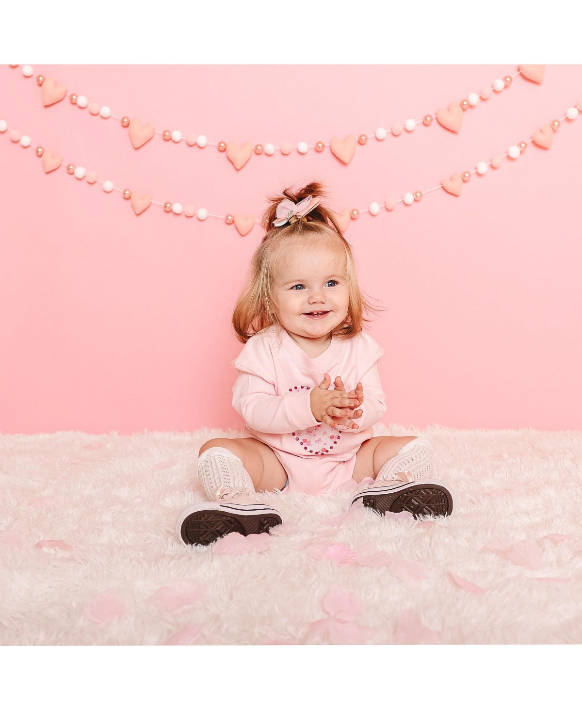 Sweet Wink Baby Girls Dainty Rose Pearl Heart Patch Long Sleeve Romper