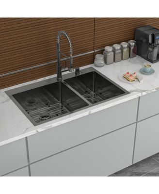 33x22x10inch Gunmetal Black Double Bowl Kitchen Sink Drop In Stainless Steel 16 Gauge 60 and 40