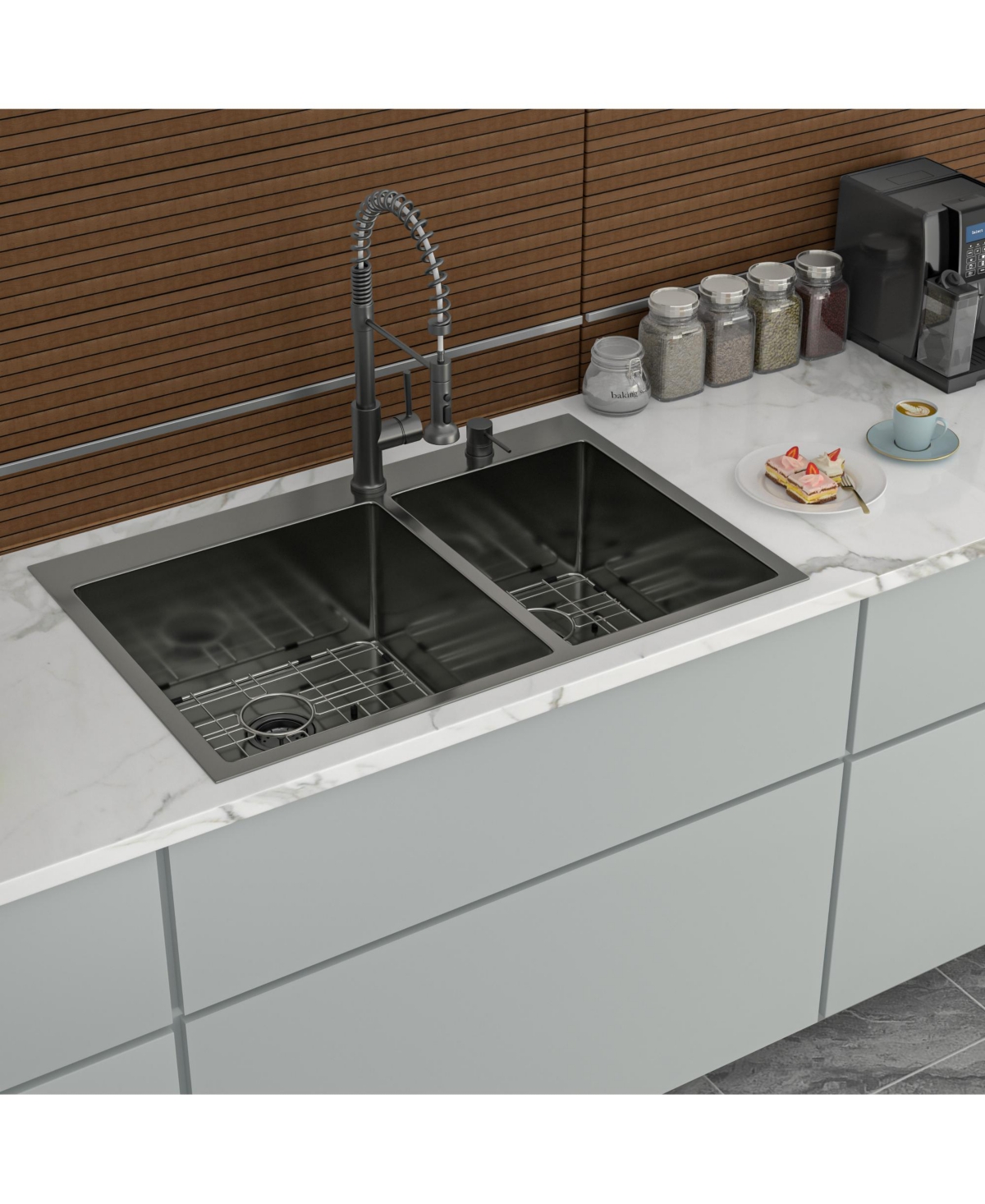 flynama 33x22x10inch Gunmetal Black Double Bowl Kitchen Sink Drop In Stainless Steel 16 Gauge 60 and 40