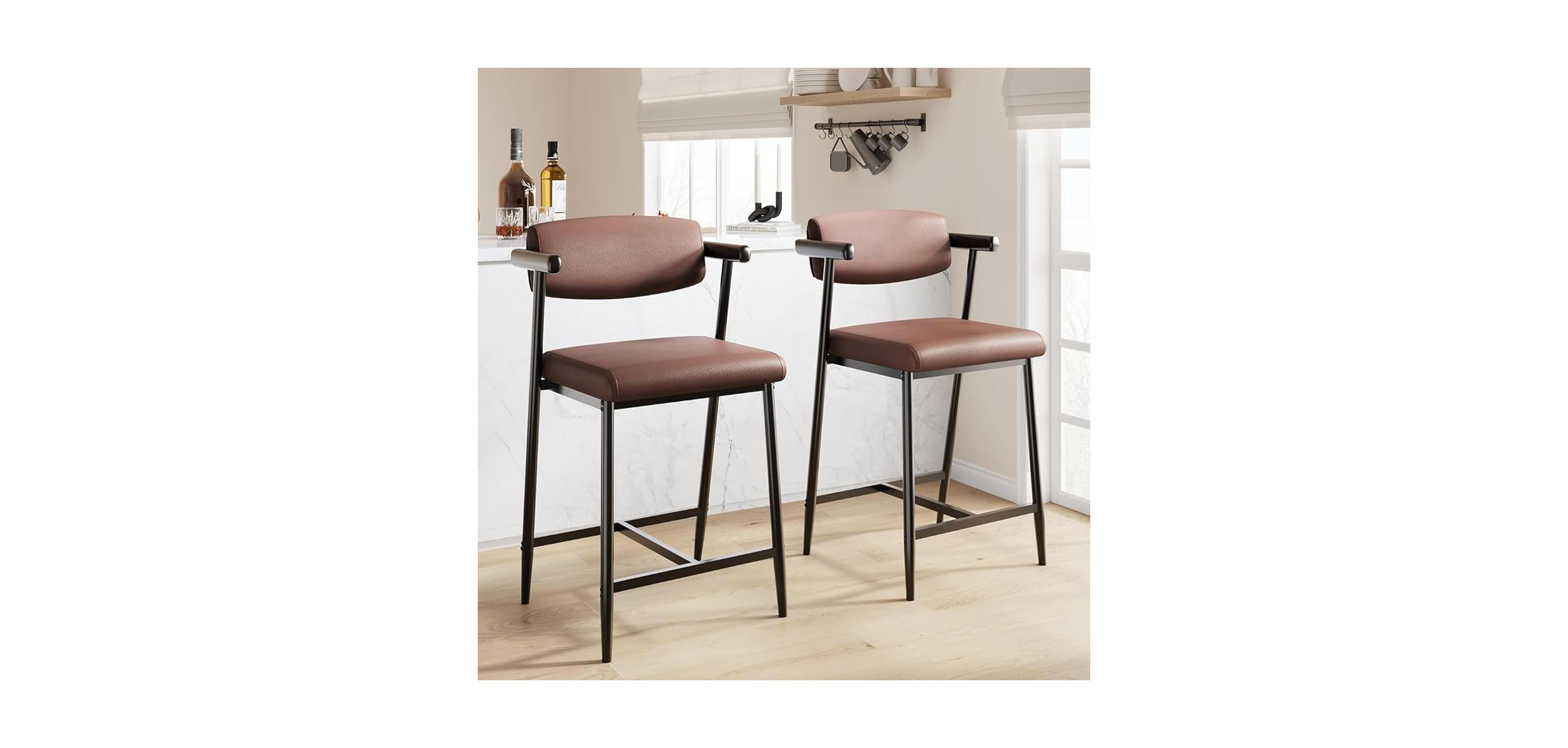 gaomon Bar Stools Set of 2, 26.5 in Upholstered Counter Height Bar Stools for 2 with Armrest, Wider Thickened Cushion, Bar Chairs with Backrest, Brown