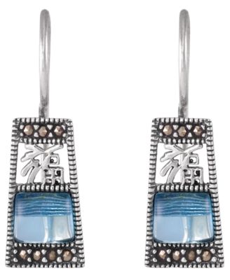 Marcasite Blue Glass Drop Earrings in Sterling Silver