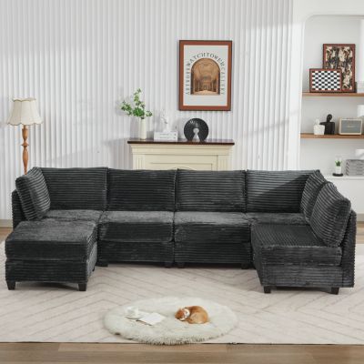 Corduroy Sectional Sofa with Ottoman & Storage